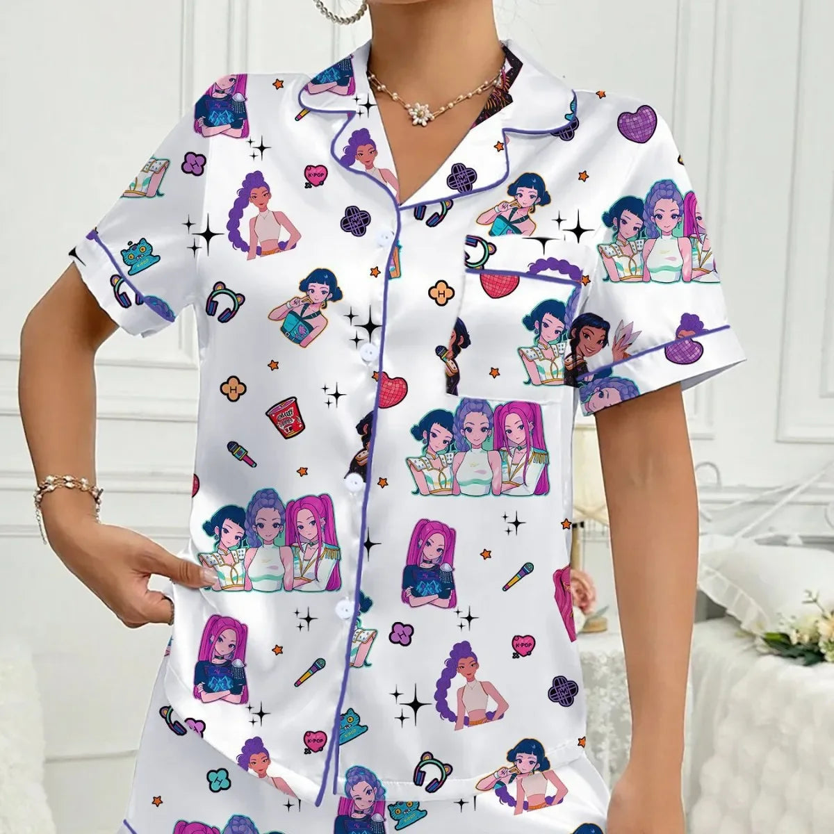 Pyjama Femme 2025 K-pop Demon Hunters — Ensemble 2 Pièces Col Chemise en Blanc ou rose Imprimé