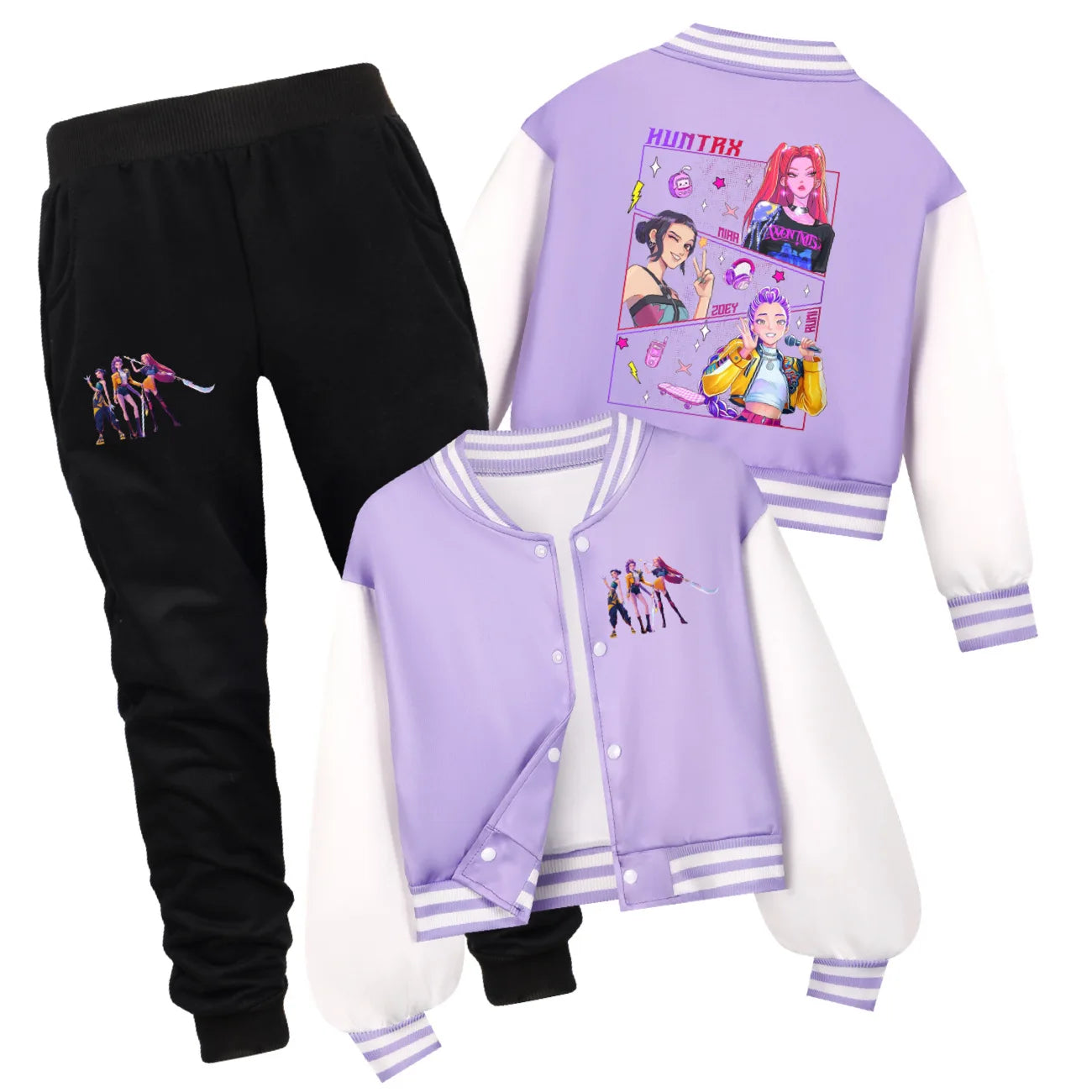 Ensemble K-pop Demon Hunters Huntrix — Uniforme Baseball + Pantalon 2 Pièces Automne | Tenue Fille Cartoon