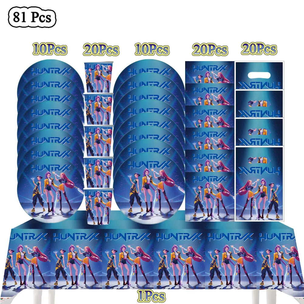 Kit Décoration Anniversaire Kpop Demon Hunters – Set de Fête Complet avec Ballons, Vaisselle, Nappe & Cake Topper