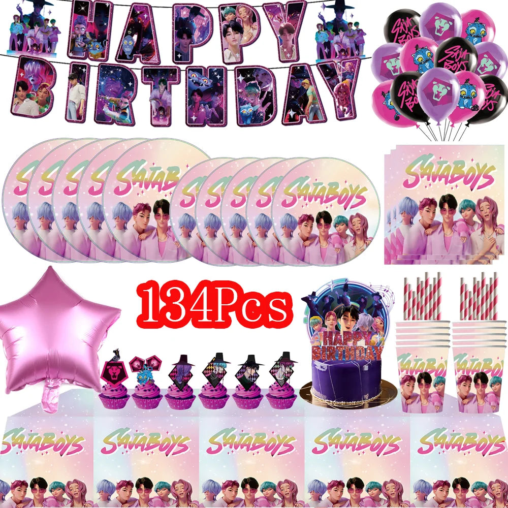 Kit Décoration Anniversaire Kpop Demon Hunters – Set de Fête Complet avec Ballons, Vaisselle, Nappe & Cake Topper