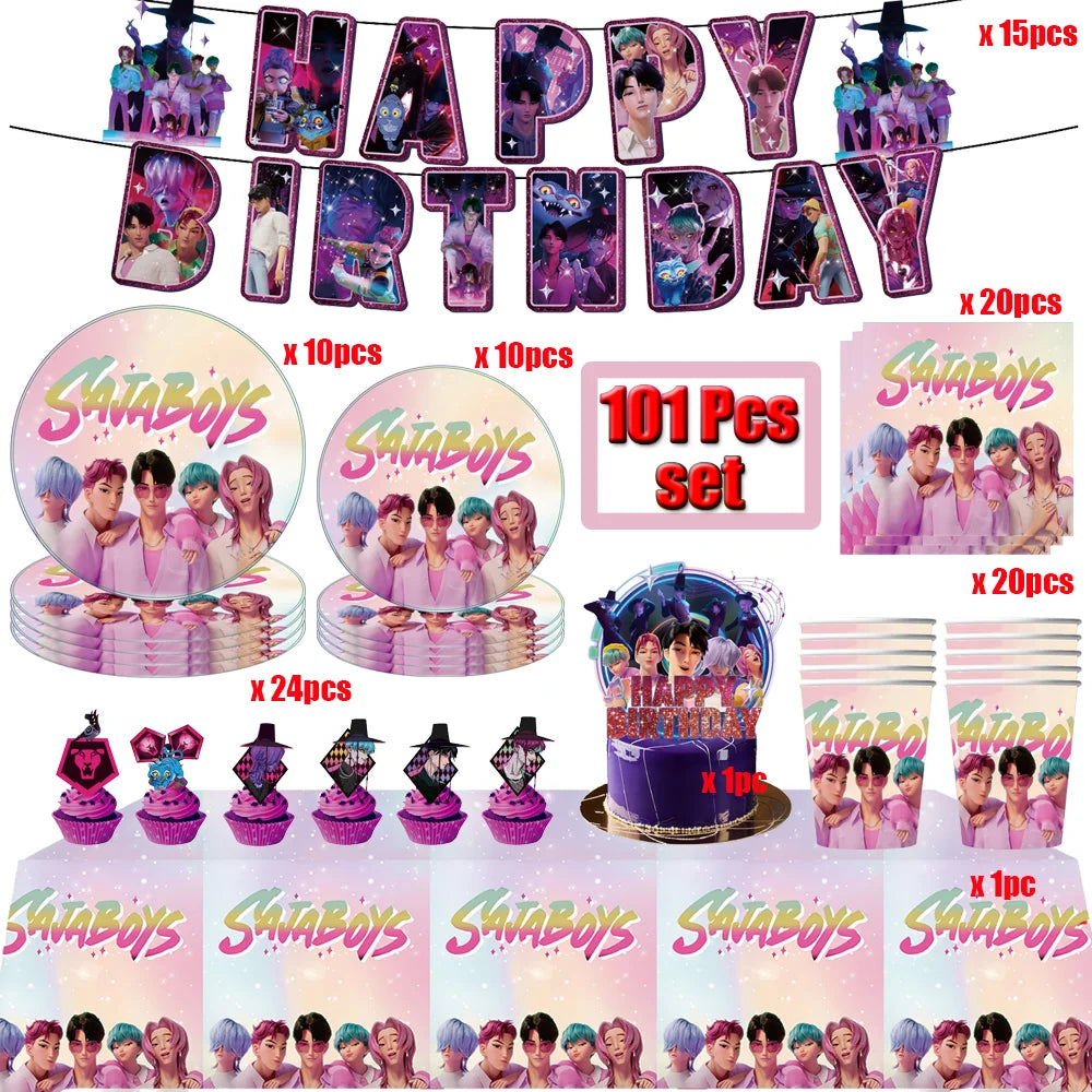 Kit Décoration Anniversaire Kpop Demon Hunters – Set de Fête Complet avec Ballons, Vaisselle, Nappe & Cake Topper