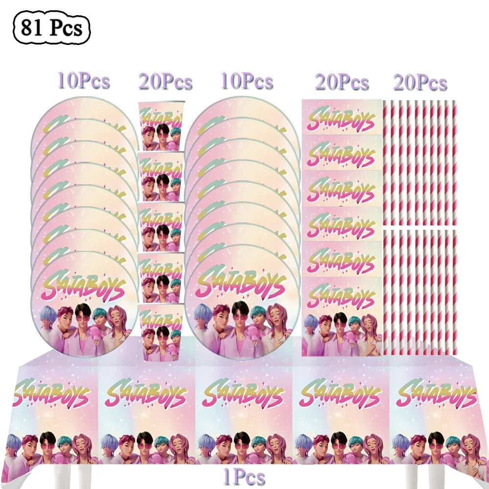 Kit Décoration Anniversaire Kpop Demon Hunters – Set de Fête Complet avec Ballons, Vaisselle, Nappe & Cake Topper