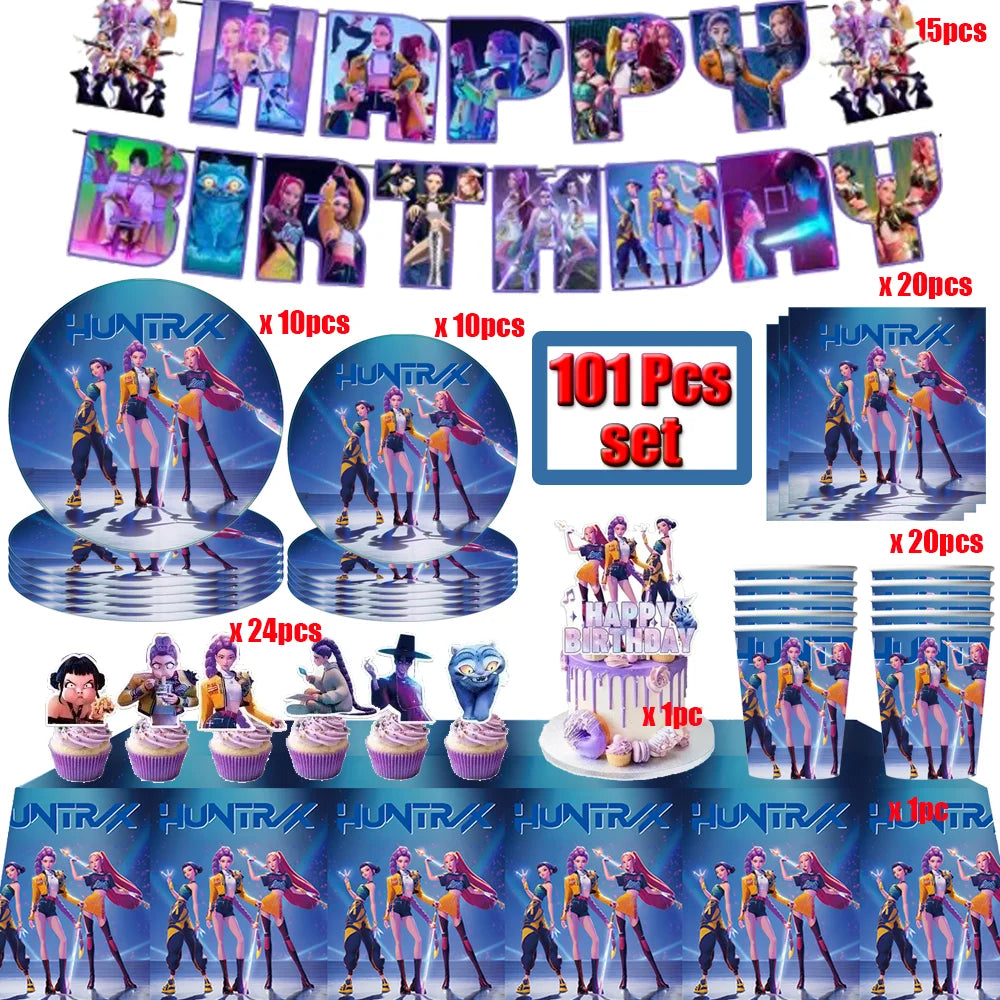 Kit Décoration Anniversaire Kpop Demon Hunters – Set de Fête Complet avec Ballons, Vaisselle, Nappe & Cake Topper