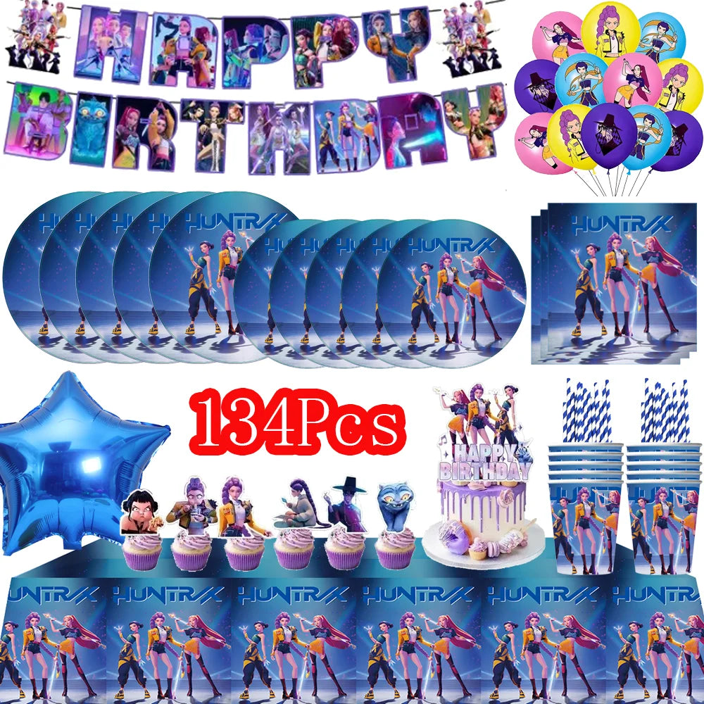 Kit Décoration Anniversaire Kpop Demon Hunters – Set de Fête Complet avec Ballons, Vaisselle, Nappe & Cake Topper