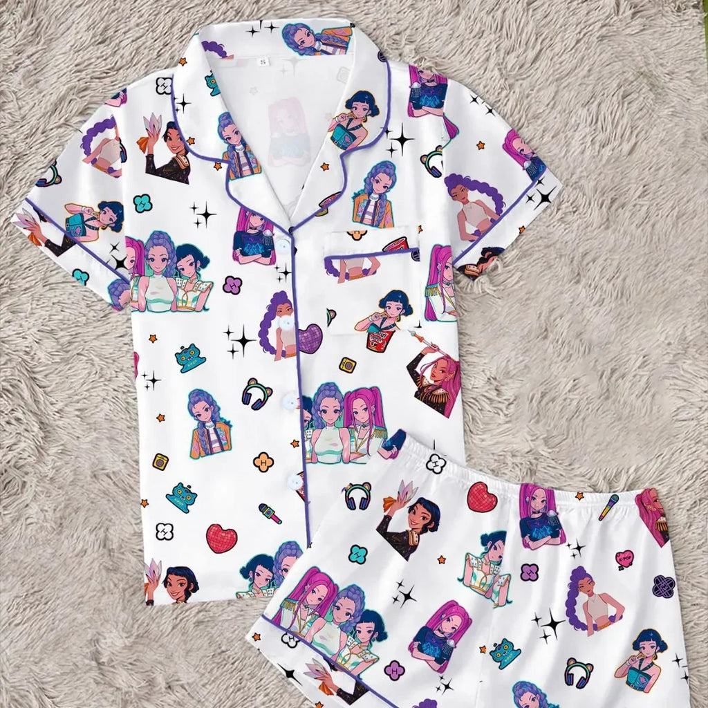 Pyjama Femme 2025 K-pop Demon Hunters — Ensemble 2 Pièces Col Chemise en Blanc ou rose Imprimé