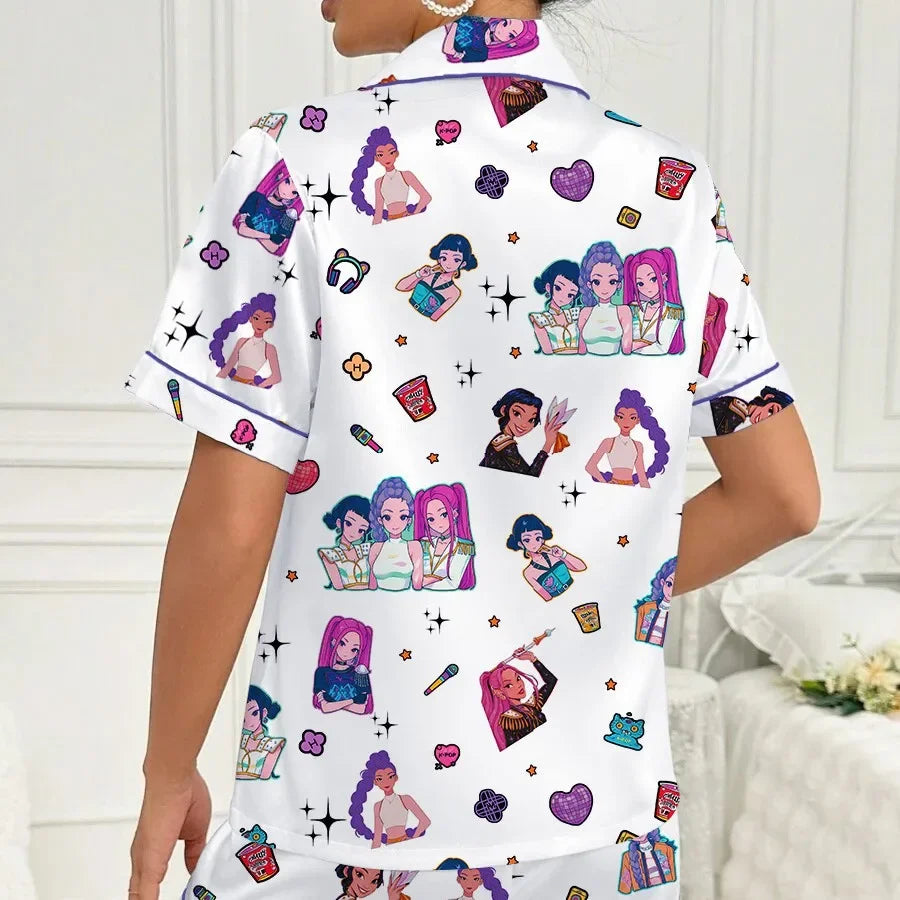 Pyjama Femme 2025 K-pop Demon Hunters — Ensemble 2 Pièces Col Chemise en Blanc ou rose Imprimé