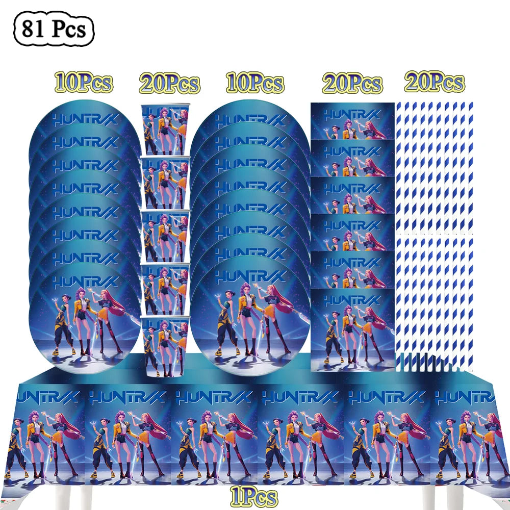 Kit Décoration Anniversaire Kpop Demon Hunters – Set de Fête Complet avec Ballons, Vaisselle, Nappe & Cake Topper