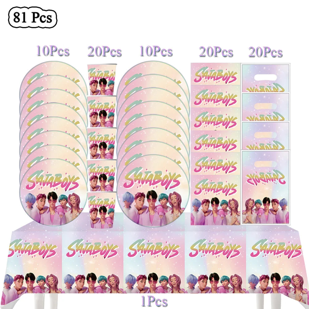 Kit Décoration Anniversaire Kpop Demon Hunters – Set de Fête Complet avec Ballons, Vaisselle, Nappe & Cake Topper