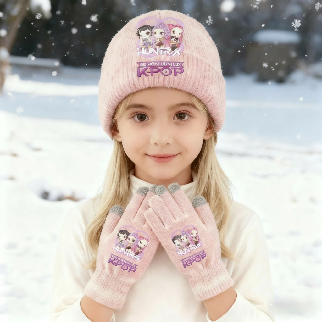 Kpop Demon Hunters – Ensemble Bonnet & Gants Tricotés pour Filles | Hiver Chaud et Stylé