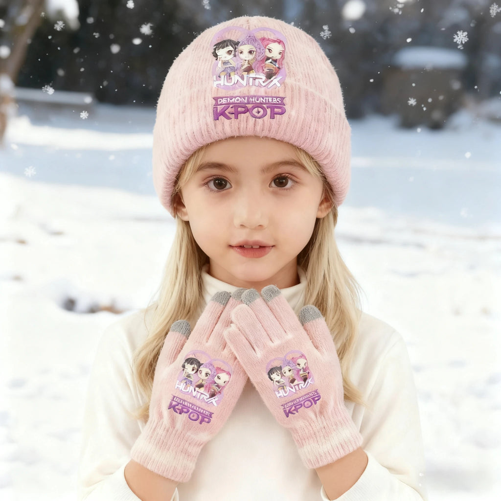 Kpop Demon Hunters – Ensemble Bonnet & Gants Tricotés pour Filles | Hiver Chaud et Stylé
