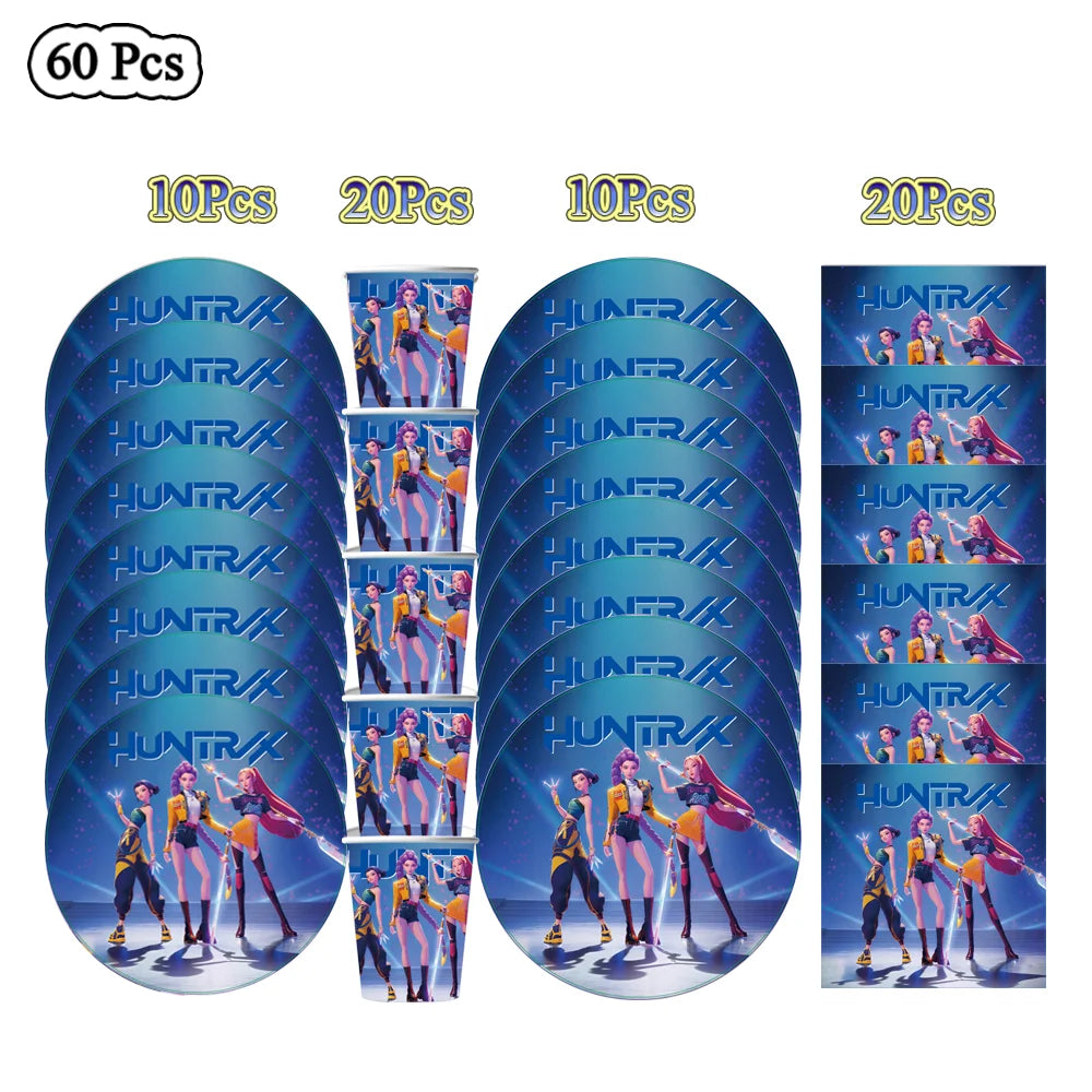 Kit Décoration Anniversaire Kpop Demon Hunters – Set de Fête Complet avec Ballons, Vaisselle, Nappe & Cake Topper