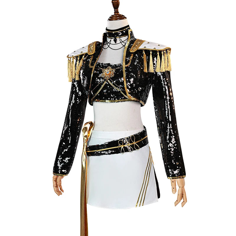 🎭 Rumi, Zoey & Mira Cosplay – Costume Kpop Demon Hunters avec Perruque ✨ | Tenue Femme Noir & Or 🖤💛